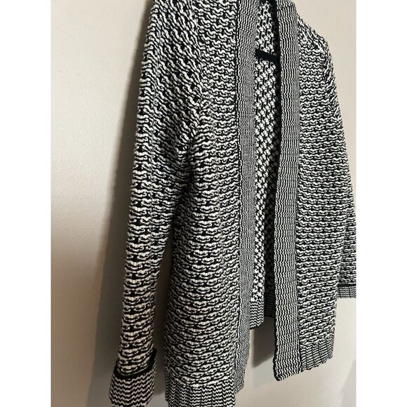 Talbots Black & White Knit Wool Cotton Blend Open Cardigan Petite Large Sweater - Picture 2 of 5